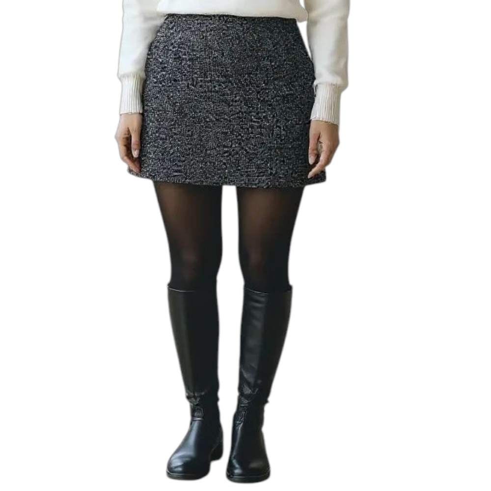 Zara Academia Neutral Charcoal Tweed A-line Mini Skirt Size Medium